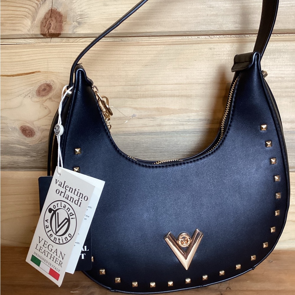 Valentino Orlandi Black Gold Studded Vegan Leather Hobo Shoulder Bag